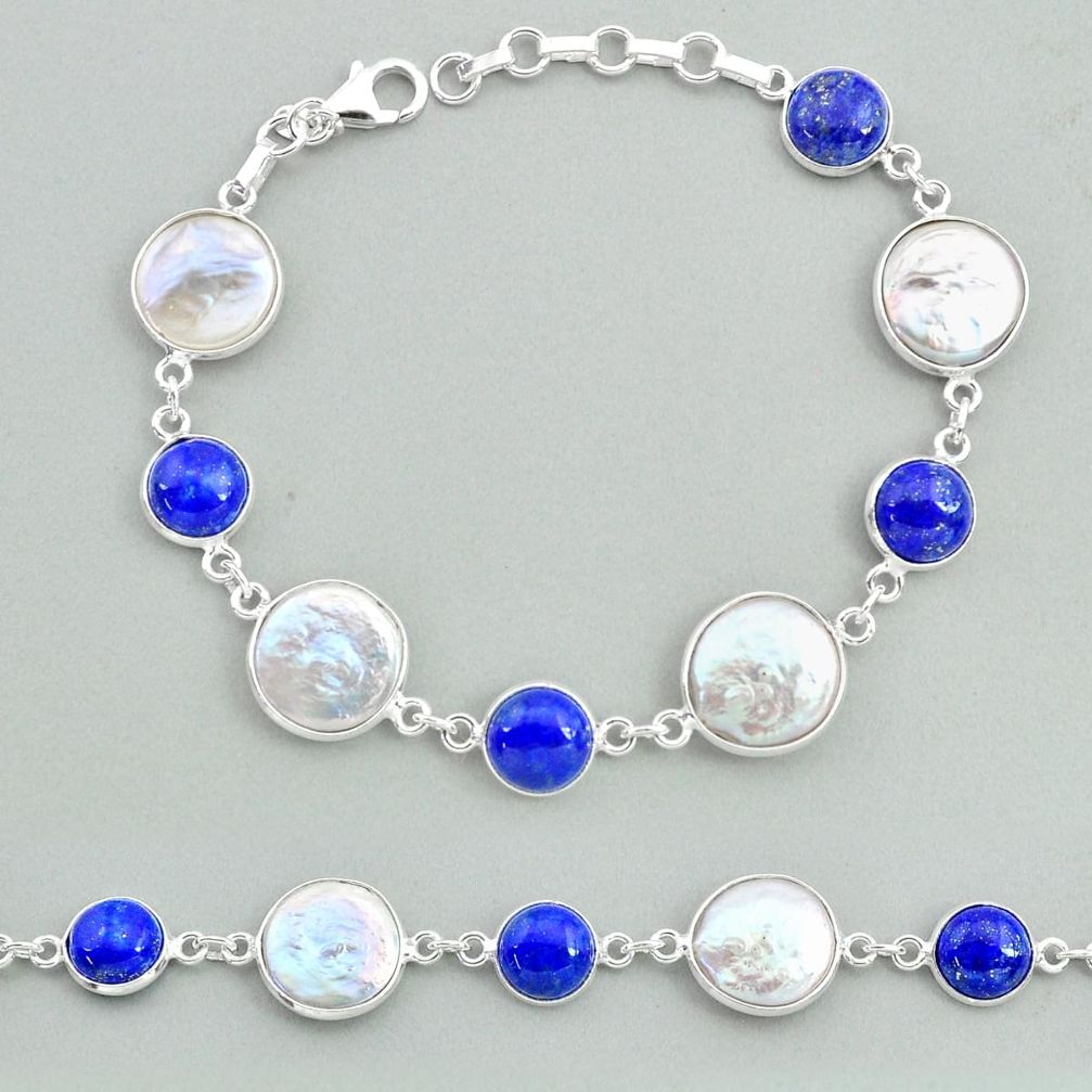 31.53cts tennis natural white pearl lapis lazuli 925 silver bracelet t37298