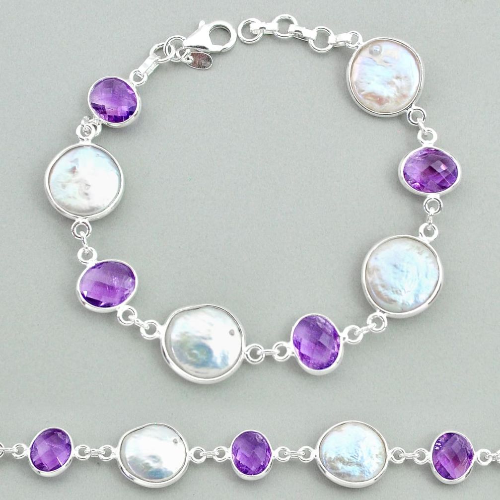 29.90cts tennis natural white pearl purple amethyst 925 silver bracelet t37305