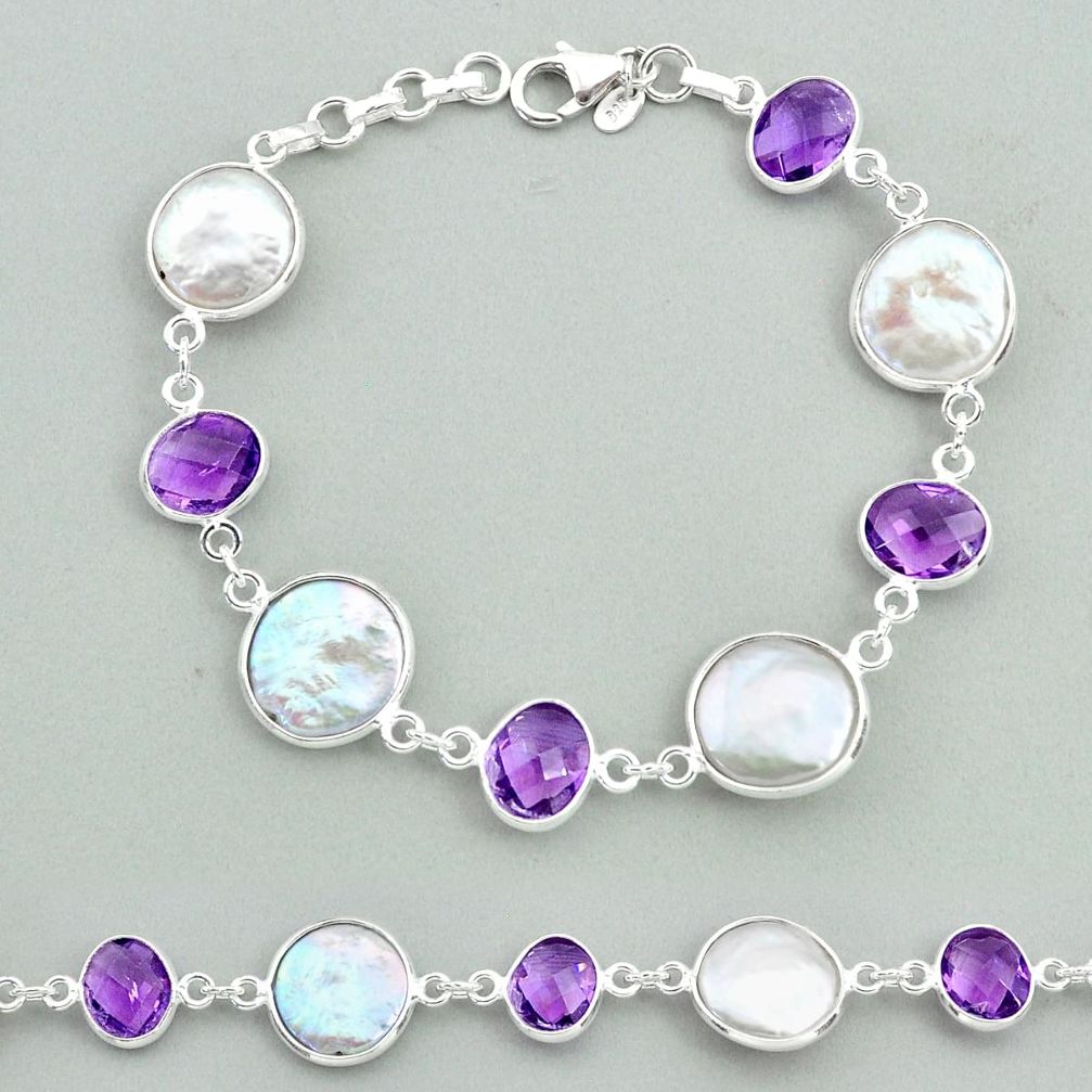 28.08cts tennis natural white pearl purple amethyst 925 silver bracelet t37311