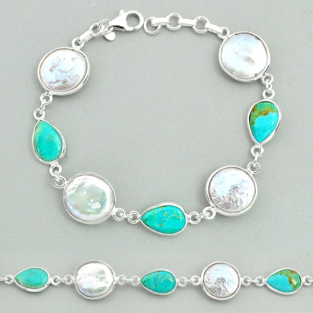 26.54cts tennis white pearl arizona mohave turquoise 925 silver bracelet t37294