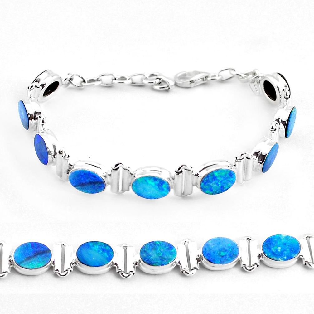 22.59cts natural blue doublet opal australian 925 silver tennis bracelet p48043