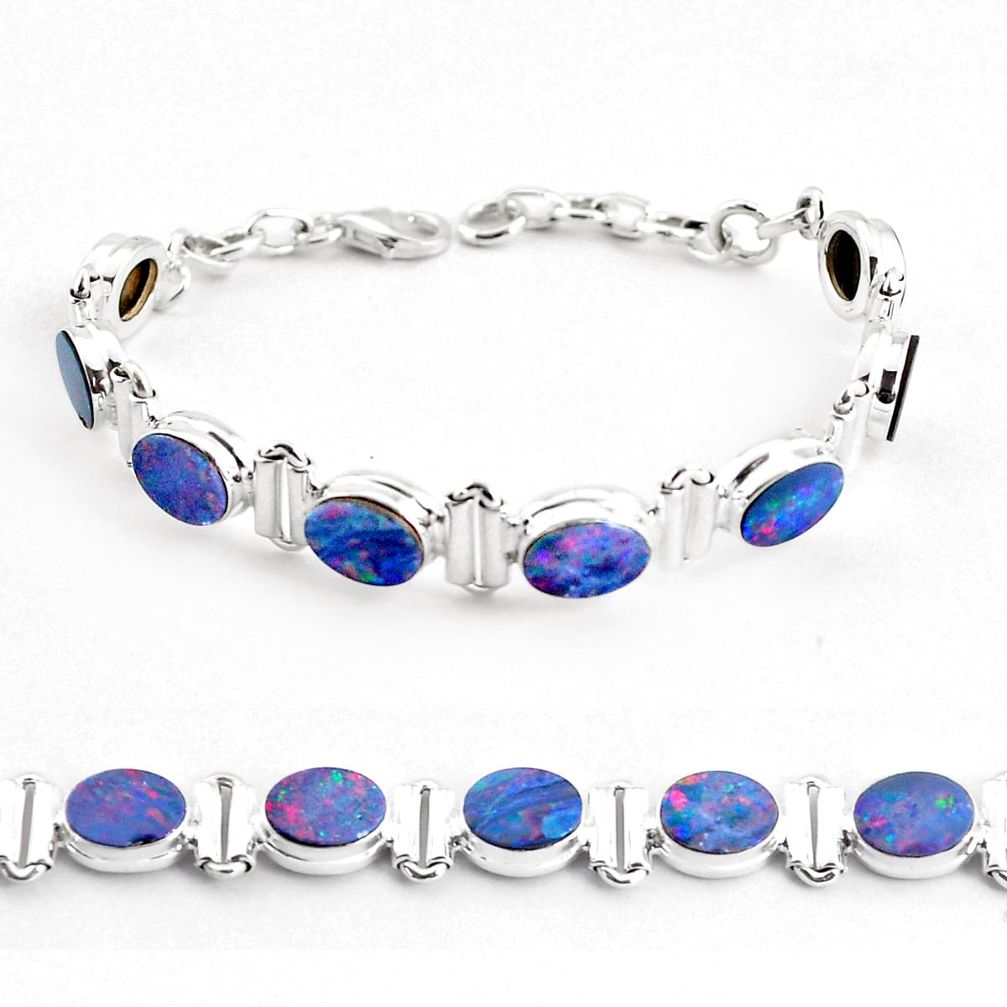 20.43cts natural blue doublet opal australian 925 silver tennis bracelet p48059