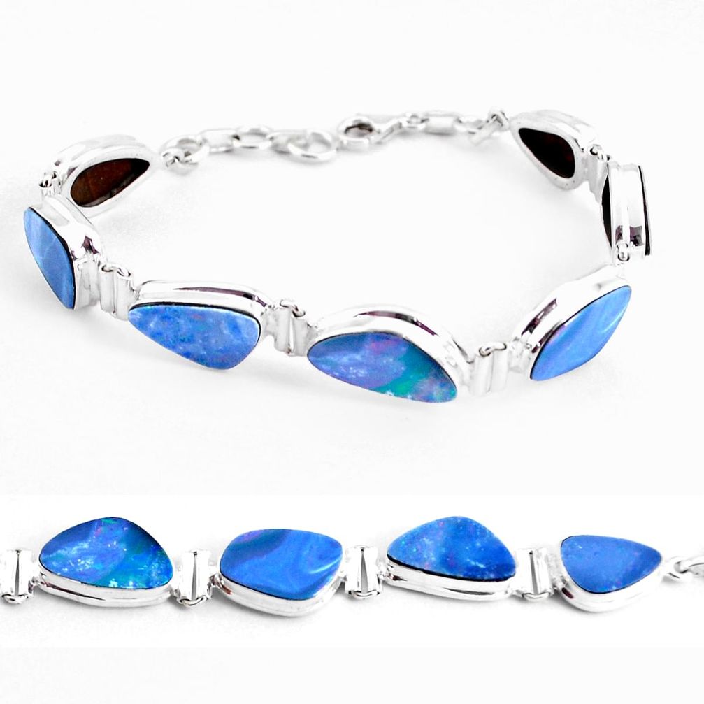 39.93cts natural blue doublet opal australian 925 silver tennis bracelet p48071