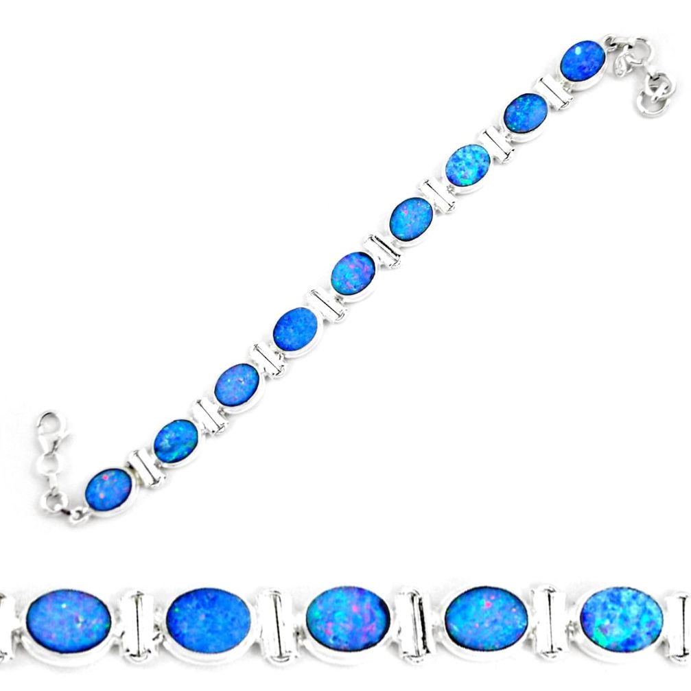 29.22cts natural blue doublet opal australian 925 silver tennis bracelet p64409