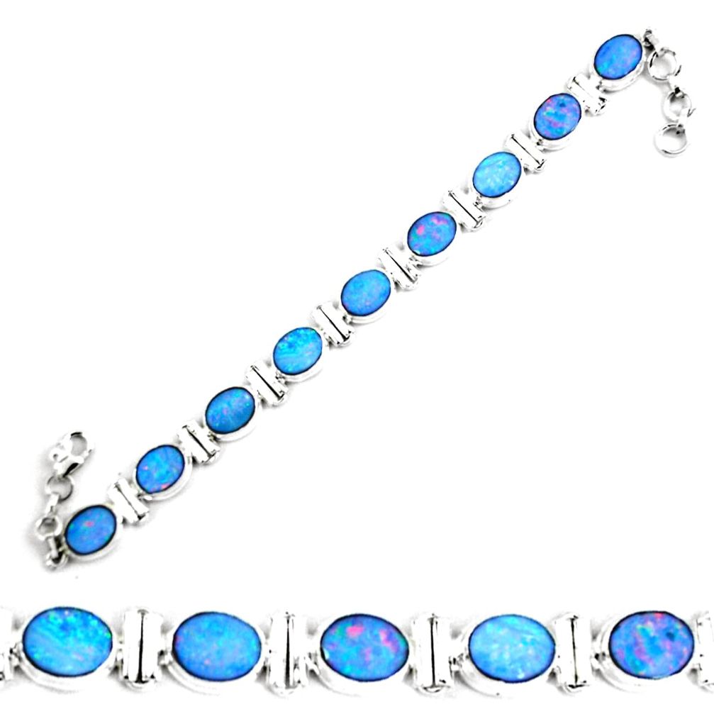 30.05cts natural blue doublet opal australian 925 silver tennis bracelet p64416