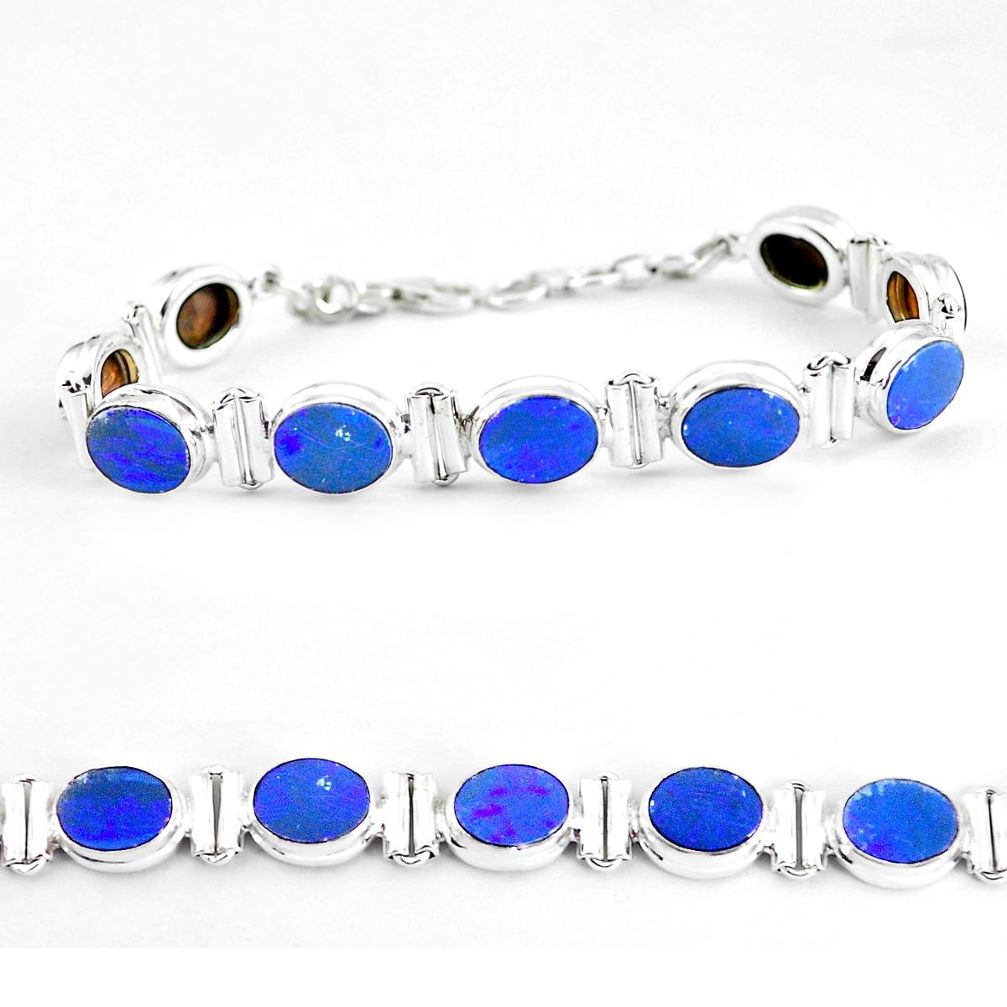 29.20cts natural blue doublet opal australian 925 silver tennis bracelet p65086