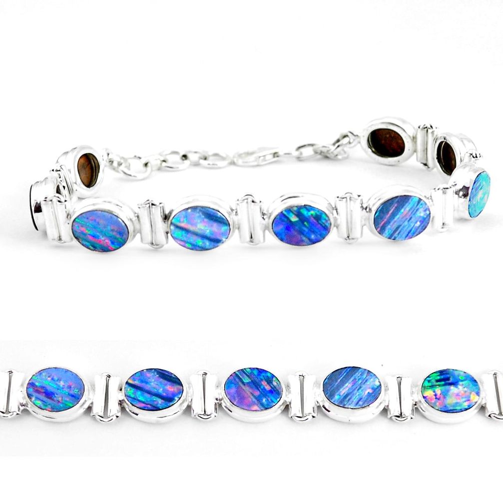 30.05cts natural blue doublet opal australian 925 silver tennis bracelet p65090