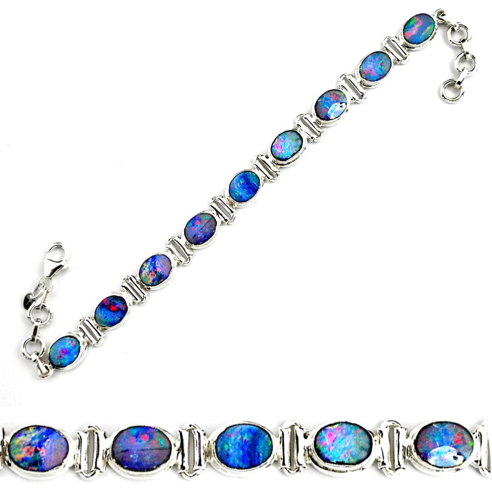 24.42cts natural blue doublet opal australian 925 silver tennis bracelet p70747