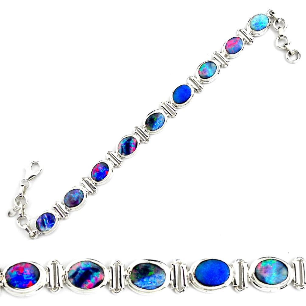 27.25cts natural blue doublet opal australian 925 silver tennis bracelet p70751