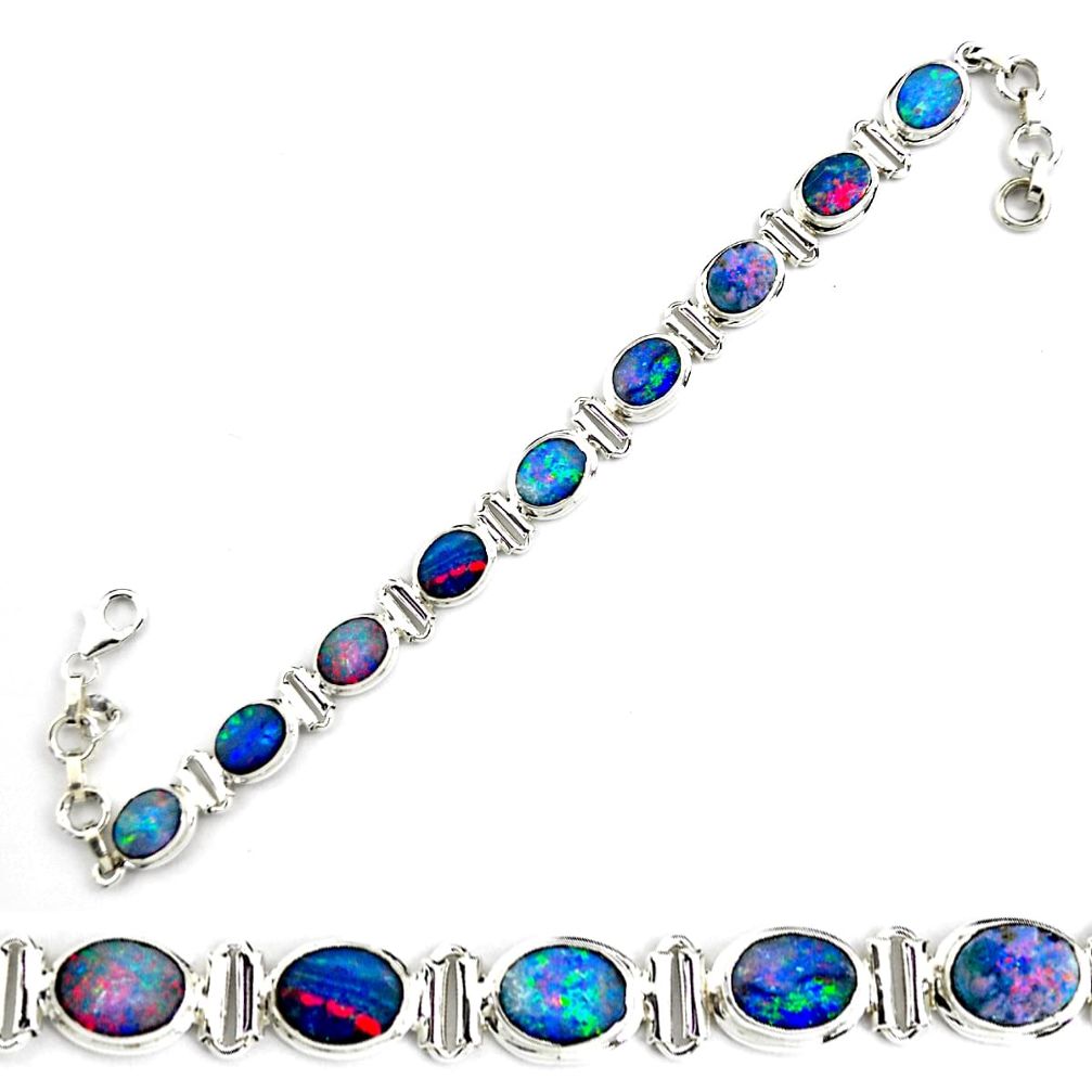 26.38cts natural blue doublet opal australian 925 silver tennis bracelet p70752