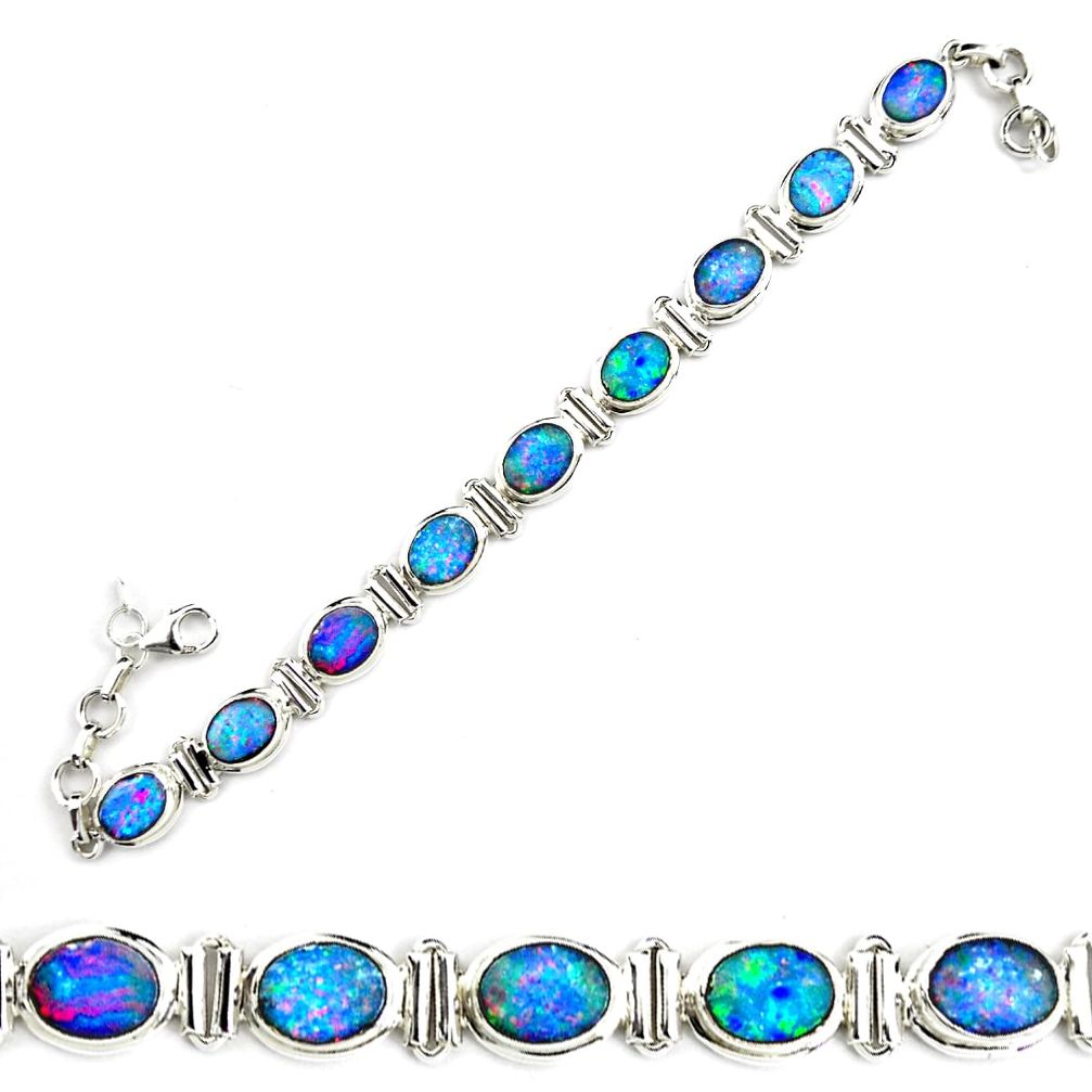 26.70cts natural blue doublet opal australian 925 silver tennis bracelet p70753