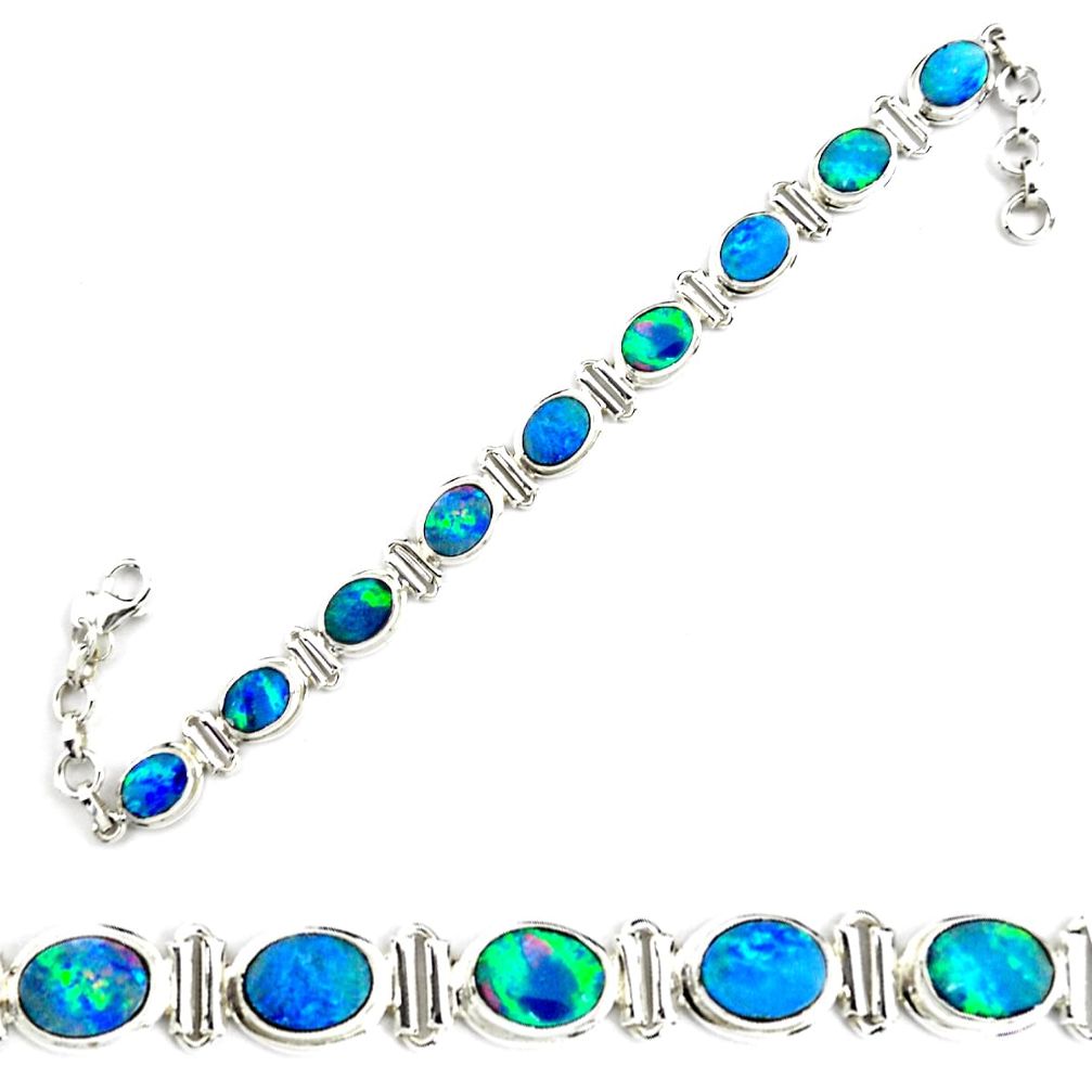 27.25cts natural blue doublet opal australian 925 silver tennis bracelet p70754