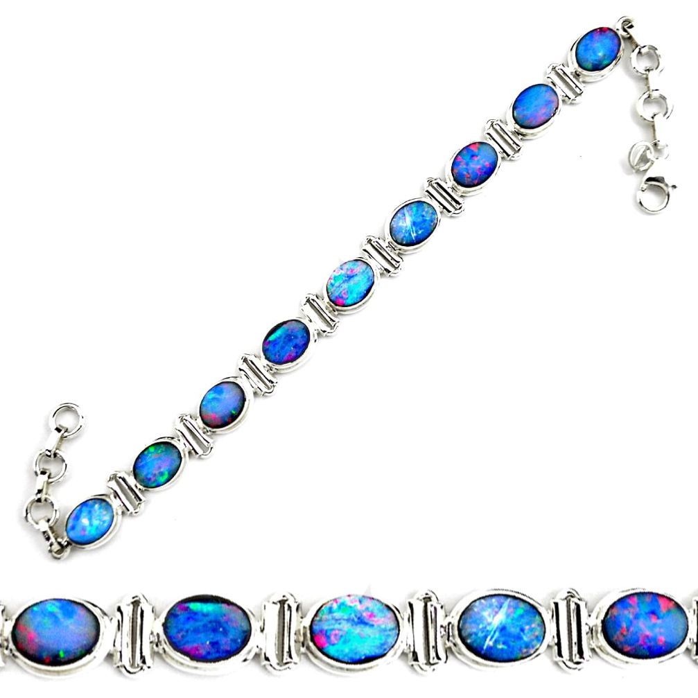 25.65cts natural blue doublet opal australian 925 silver tennis bracelet p70755
