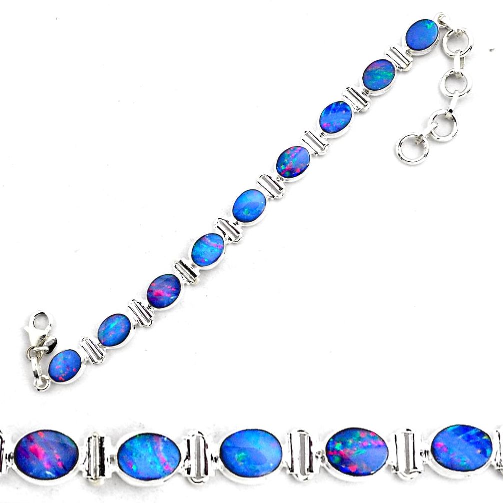 23.21cts natural blue doublet opal australian 925 silver tennis bracelet p87853