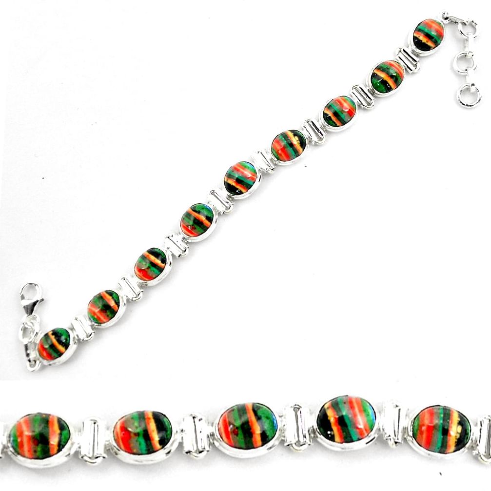 36.96cts natural multi color rainbow calsilica 925 silver tennis bracelet p70643