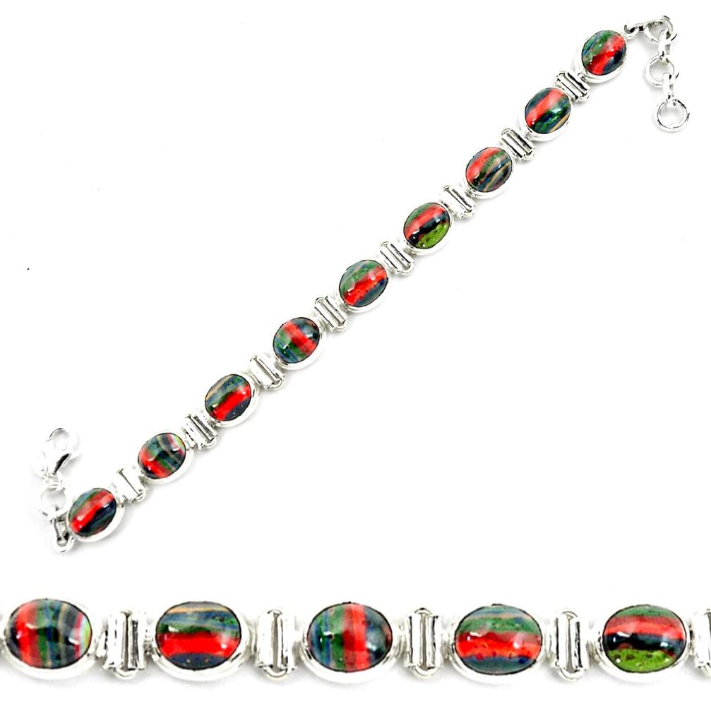 34.91cts natural multi color rainbow calsilica 925 silver tennis bracelet p70650