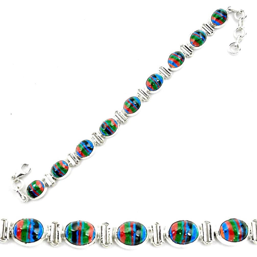 36.67cts natural multi color rainbow calsilica 925 silver tennis bracelet p70651