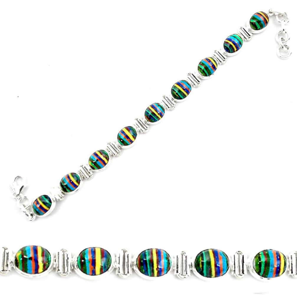36.96cts natural multi color rainbow calsilica 925 silver tennis bracelet p70654