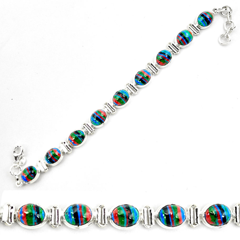 36.24cts natural multi color rainbow calsilica 925 silver tennis bracelet p70659