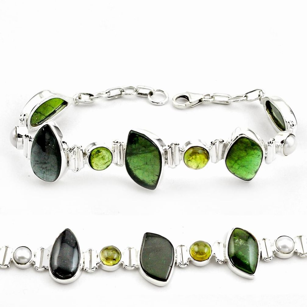 45.67cts natural multicolor tourmaline pearl 925 sterling silver bracelet p76722