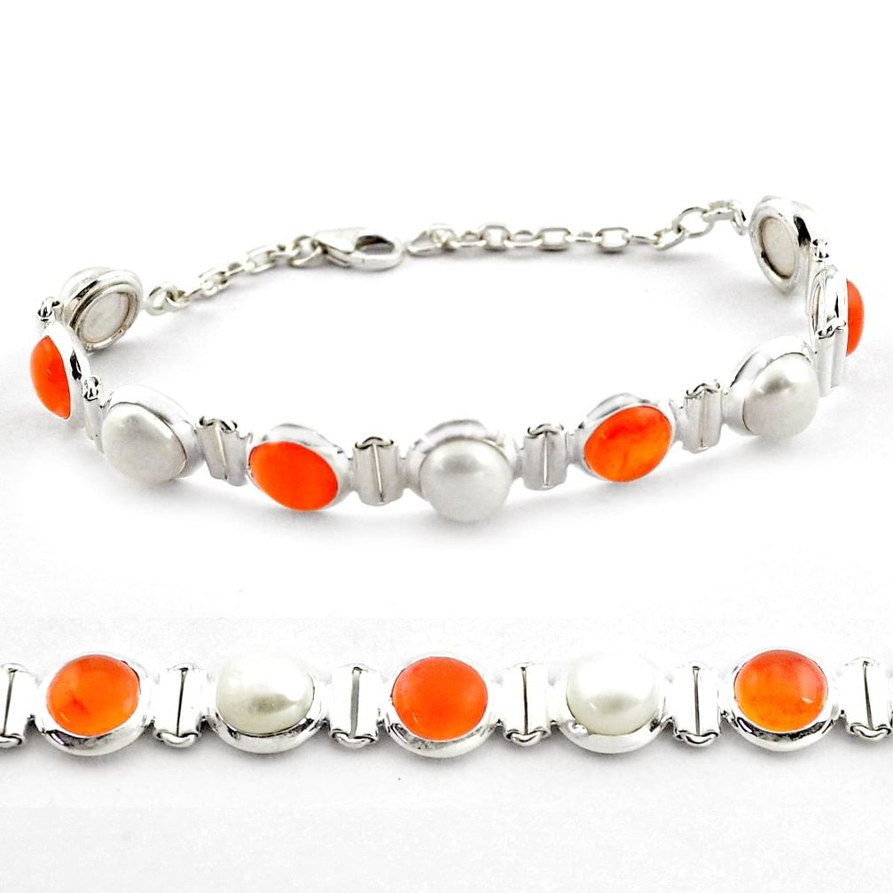 Natural orange cornelian (carnelian) pearl 925 silver tennis bracelet p81449