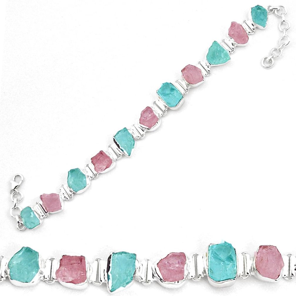 Natural pink kunzite rough aquamarine rough 925 silver tennis bracelet p35601