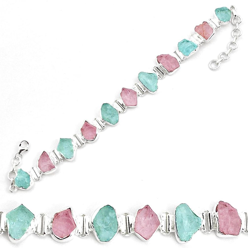 Natural pink kunzite rough aquamarine rough 925 silver tennis bracelet p35611