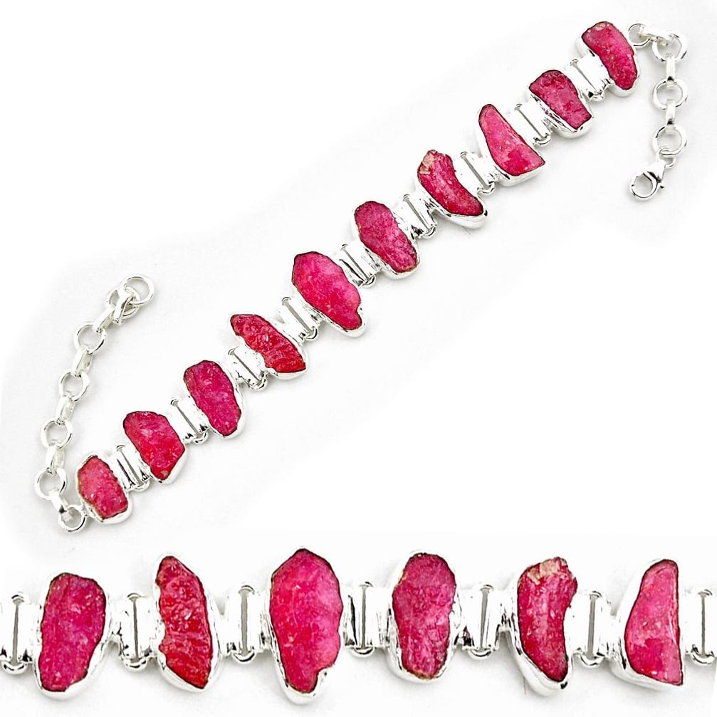 53.86cts natural pink ruby rough 925 sterling silver tennis bracelet p69047