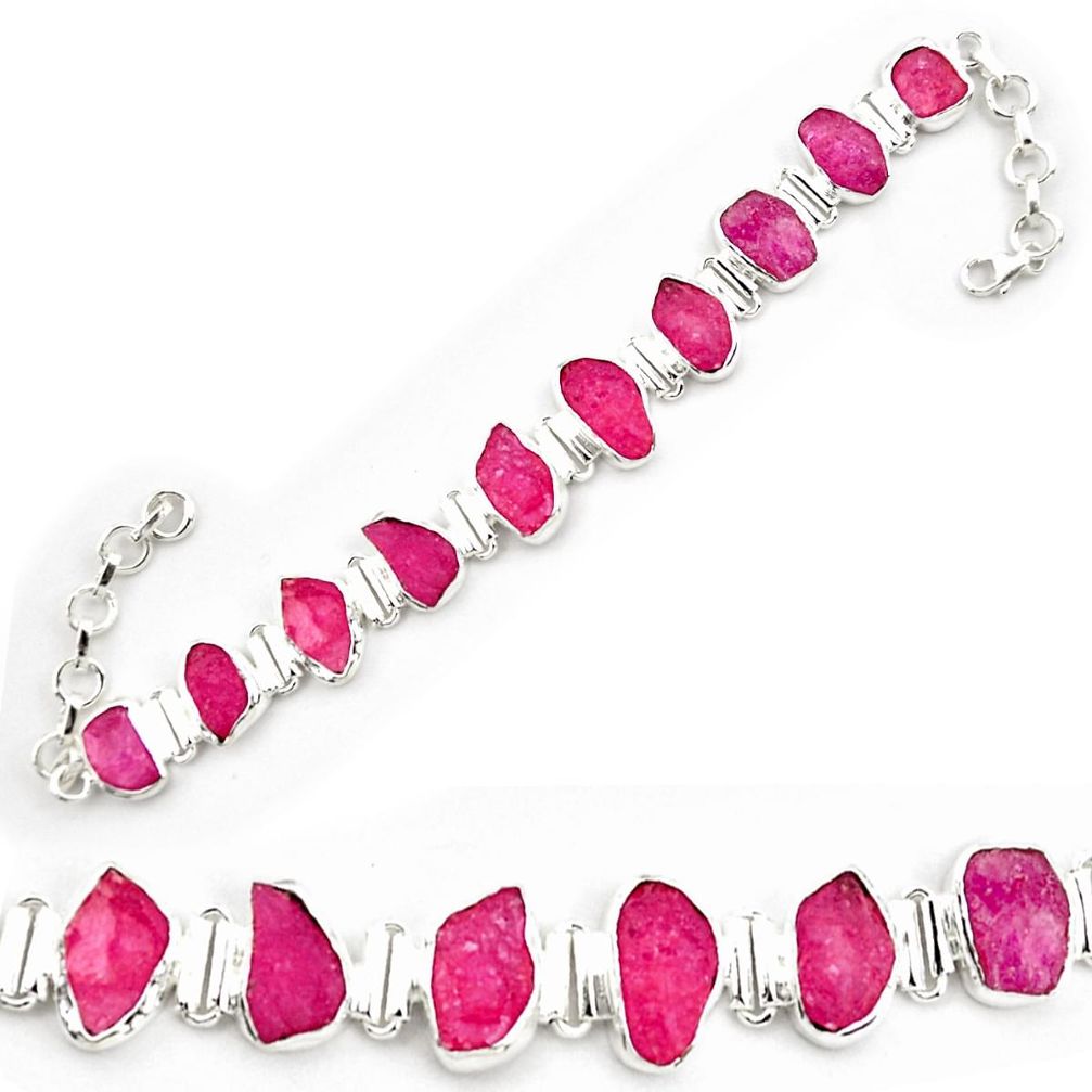 46.92cts natural pink ruby rough 925 sterling silver tennis bracelet p69053