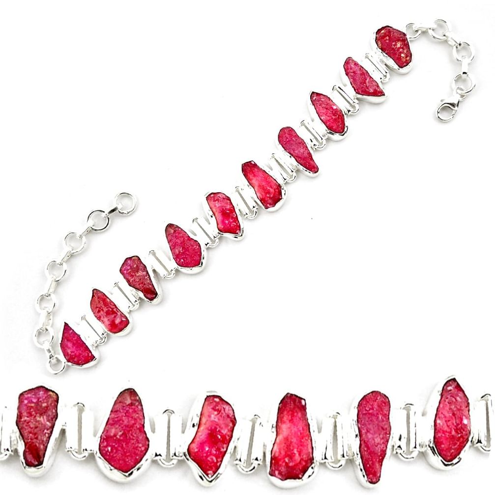 46.51cts natural pink ruby rough 925 sterling silver tennis bracelet p69056