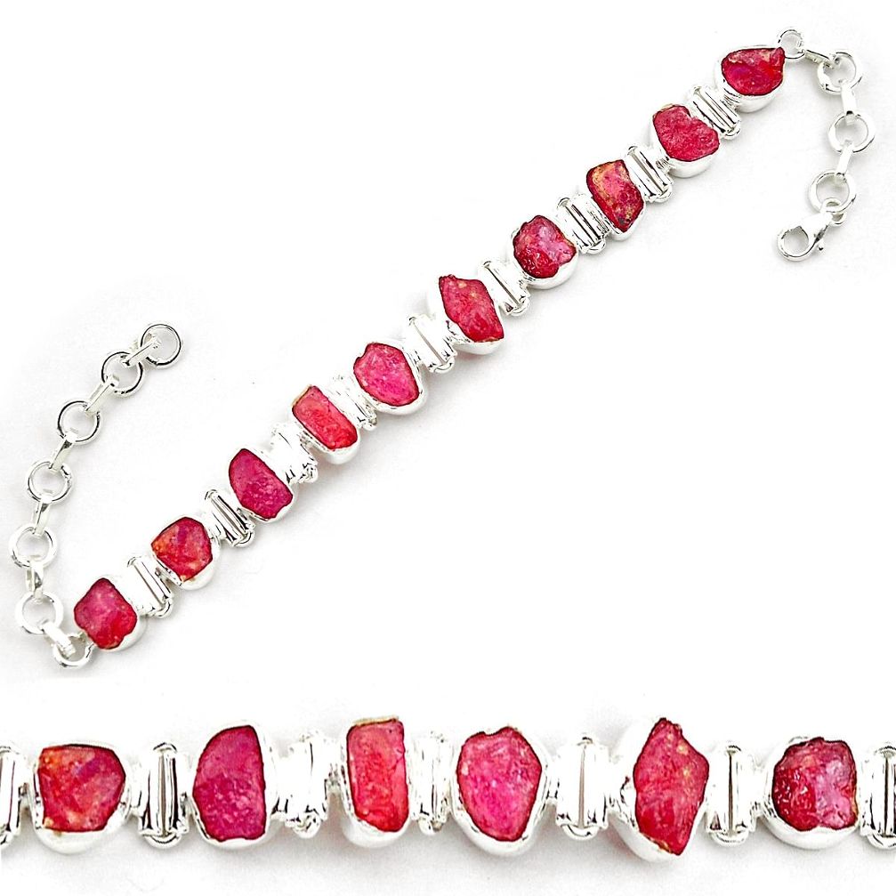 41.53cts natural pink ruby rough 925 sterling silver tennis bracelet p69058