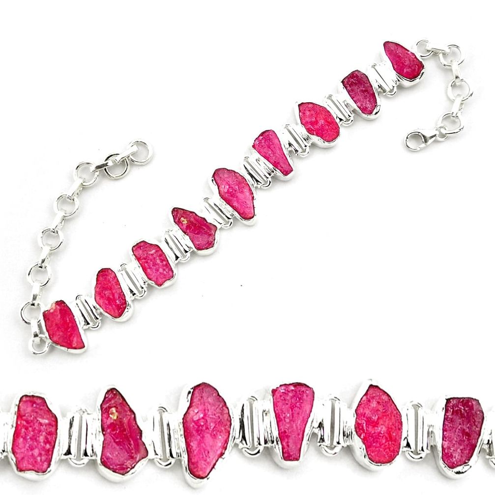 41.53cts natural pink ruby rough 925 sterling silver tennis bracelet p69060