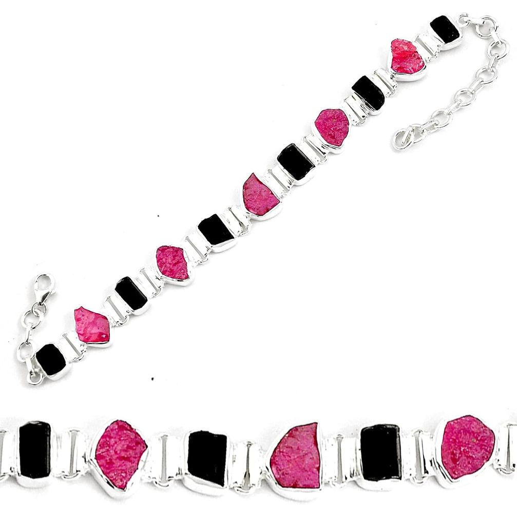 Natural pink ruby rough tourmaline rough 925 silver tennis bracelet p35645