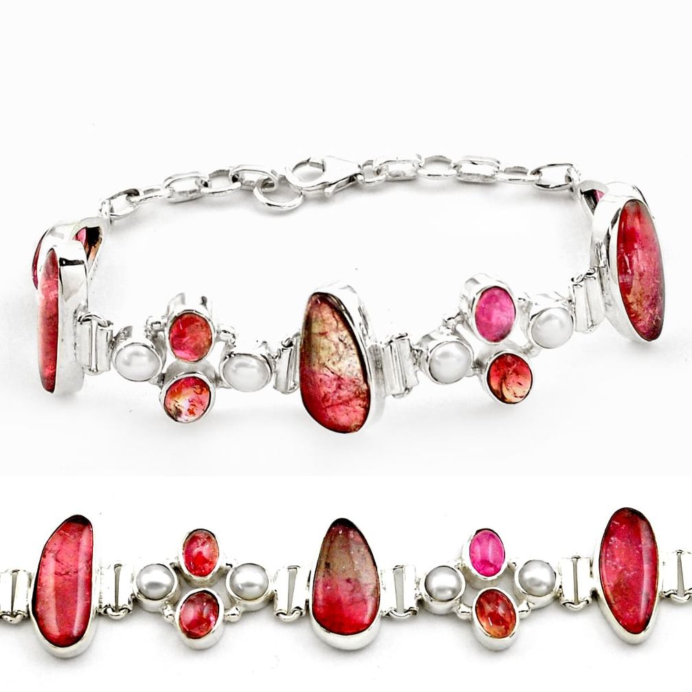 45.34cts natural pink tourmaline white pearl 925 sterling silver bracelet p76729