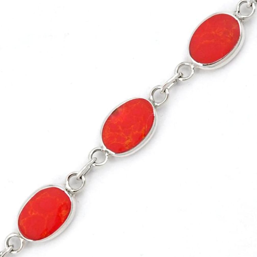 Natural red sponge coral oval enamel 925 sterling silver link bracelet h46052
