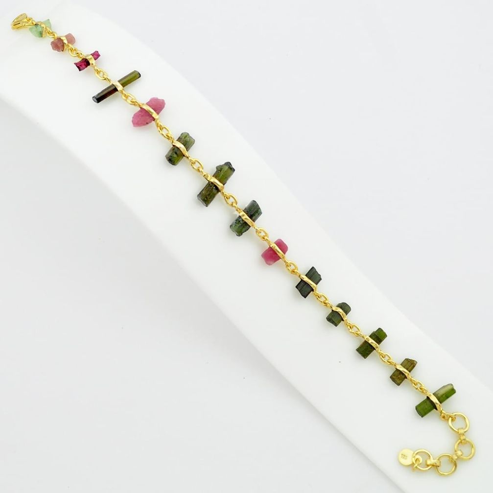 22.46cts natural tourmaline rough 925 silver 14k gold tennis bracelet p75157