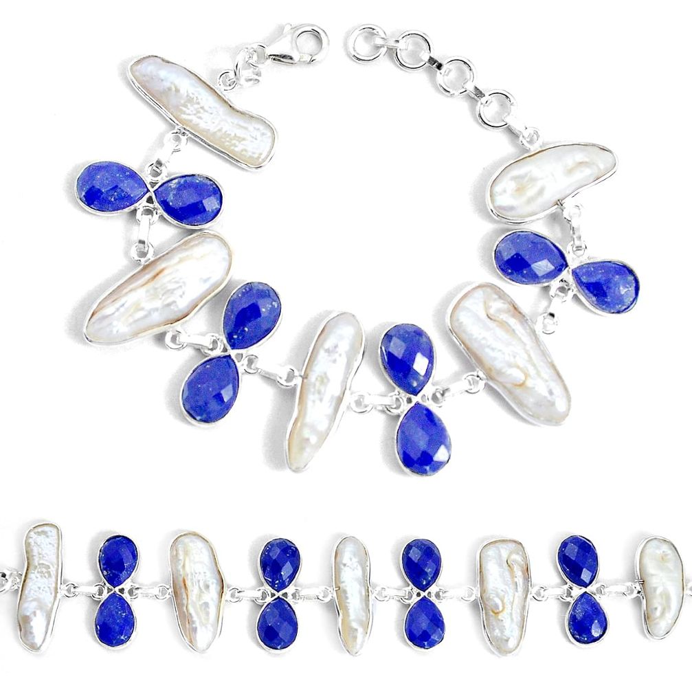 48.33cts natural white biwa pearl lapis lazuli 925 silver tennis bracelet p34637
