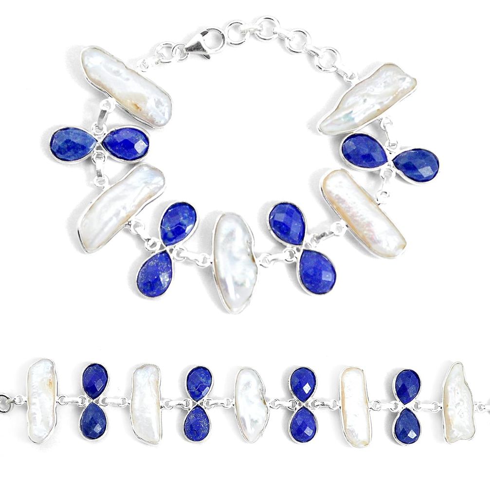 49.53cts natural white biwa pearl lapis lazuli 925 silver tennis bracelet p34638