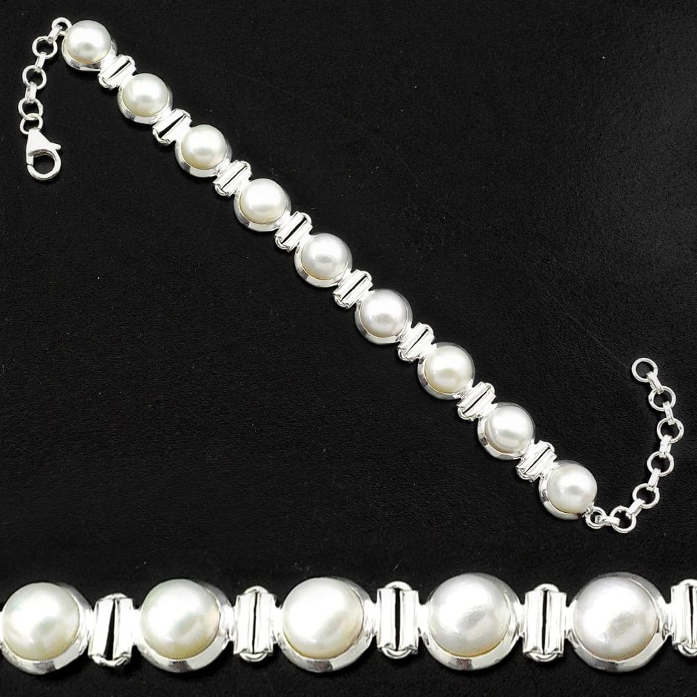 32.36cts natural white pearl 925 sterling silver tennis bracelet p81479