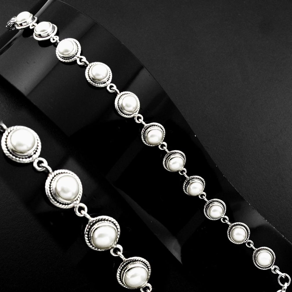 22.07cts natural white pearl round 925 sterling silver tennis bracelet p89149