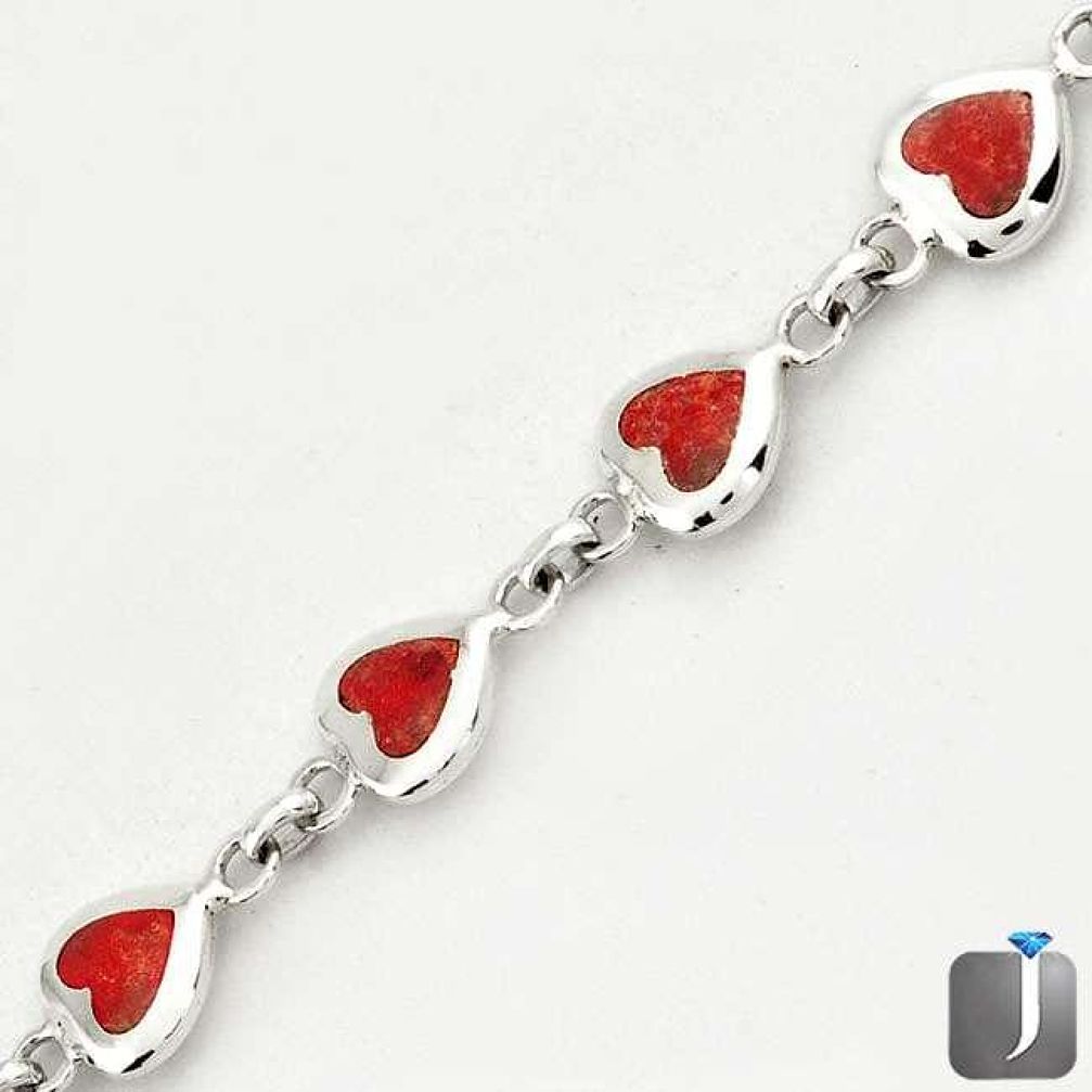 RARE RED SPONGE CORAL ENAMEL 925 STERLING SILVER HEART BRACELET JEWELRY G72081