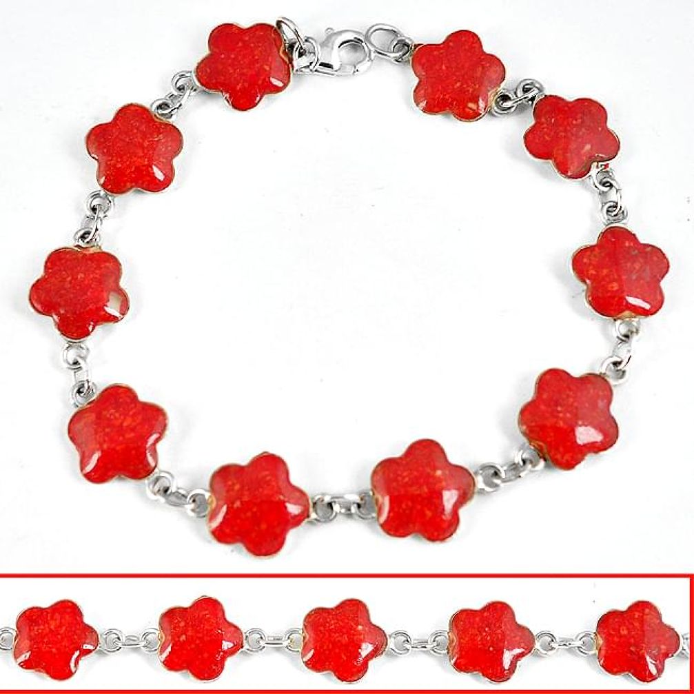 Red sponge coral enamel 925 sterling silver flower bracelet jewelry h47658