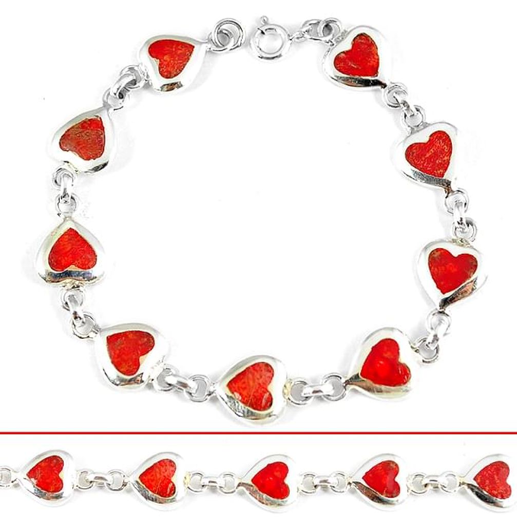 Red sponge coral enamel 925 sterling silver heart design link bracelet h47558