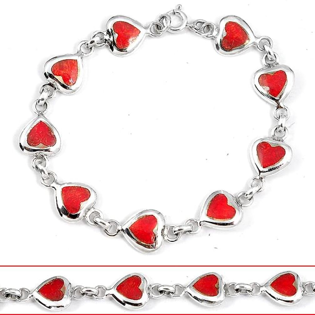 Red sponge coral enamel 925 sterling silver heart link bracelet jewelry h47607