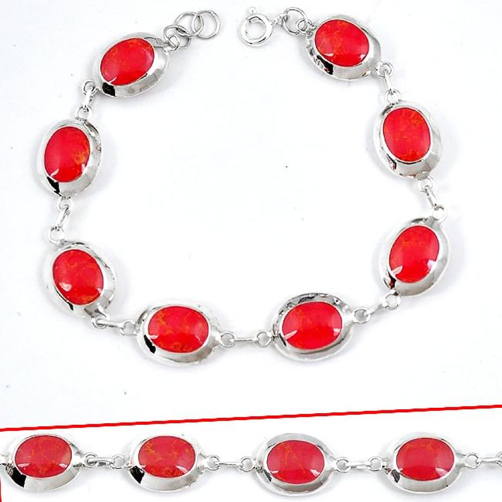 Red sponge coral enamel oval 925 sterling silver link bracelet jewelry h54050
