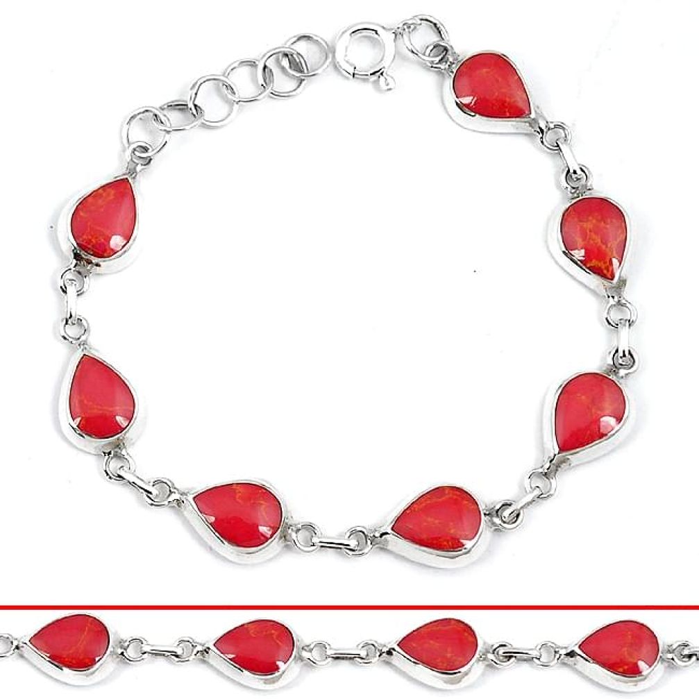 Red sponge coral enamel pear 925 sterling silver link bracelet jewelry h54051