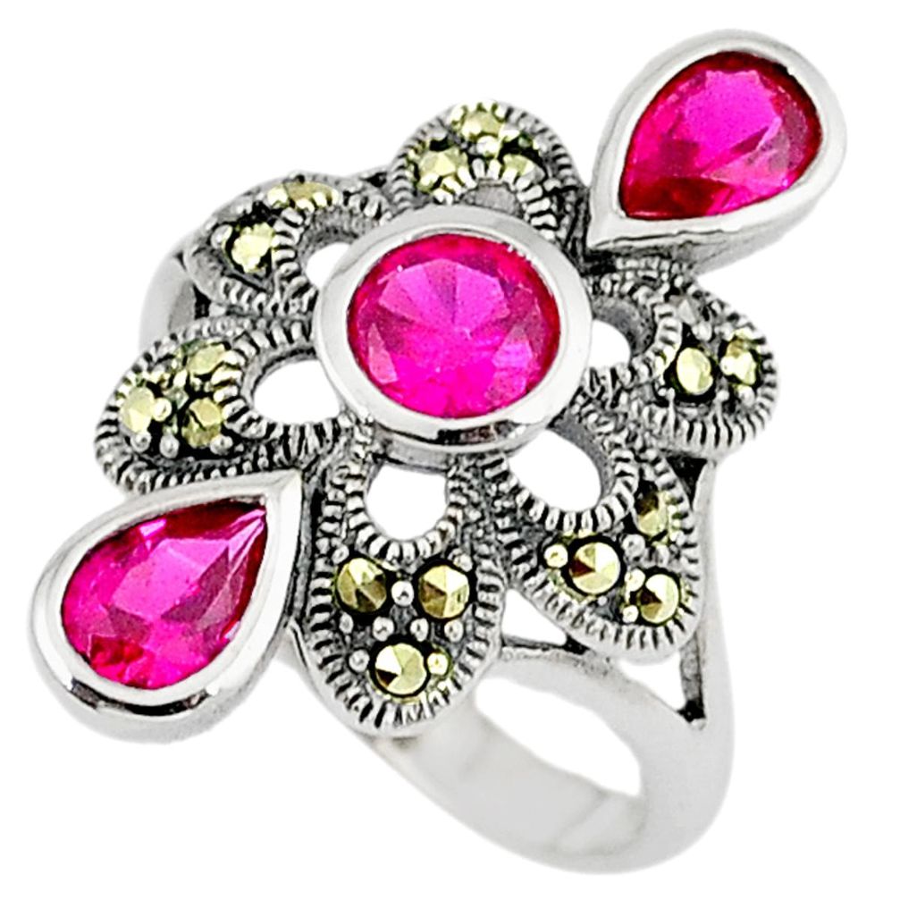 Art deco ruby quartz marcasite 925 sterling silver ring jewelry size 6.5 c17254