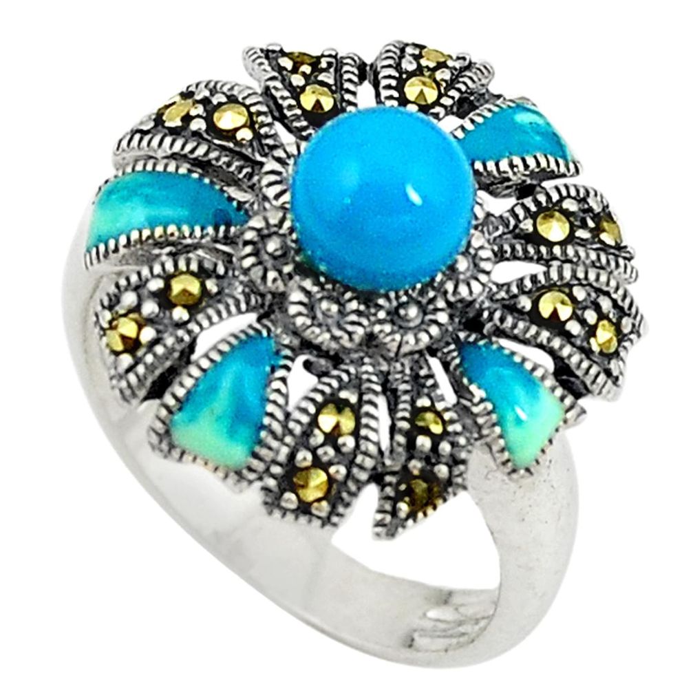 Blue sleeping beauty turquoise marcasite 925 silver ring size 7.5 c17248