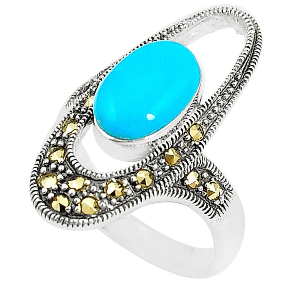 Blue sleeping beauty turquoise marcasite 925 silver ring size 8.5 c17243