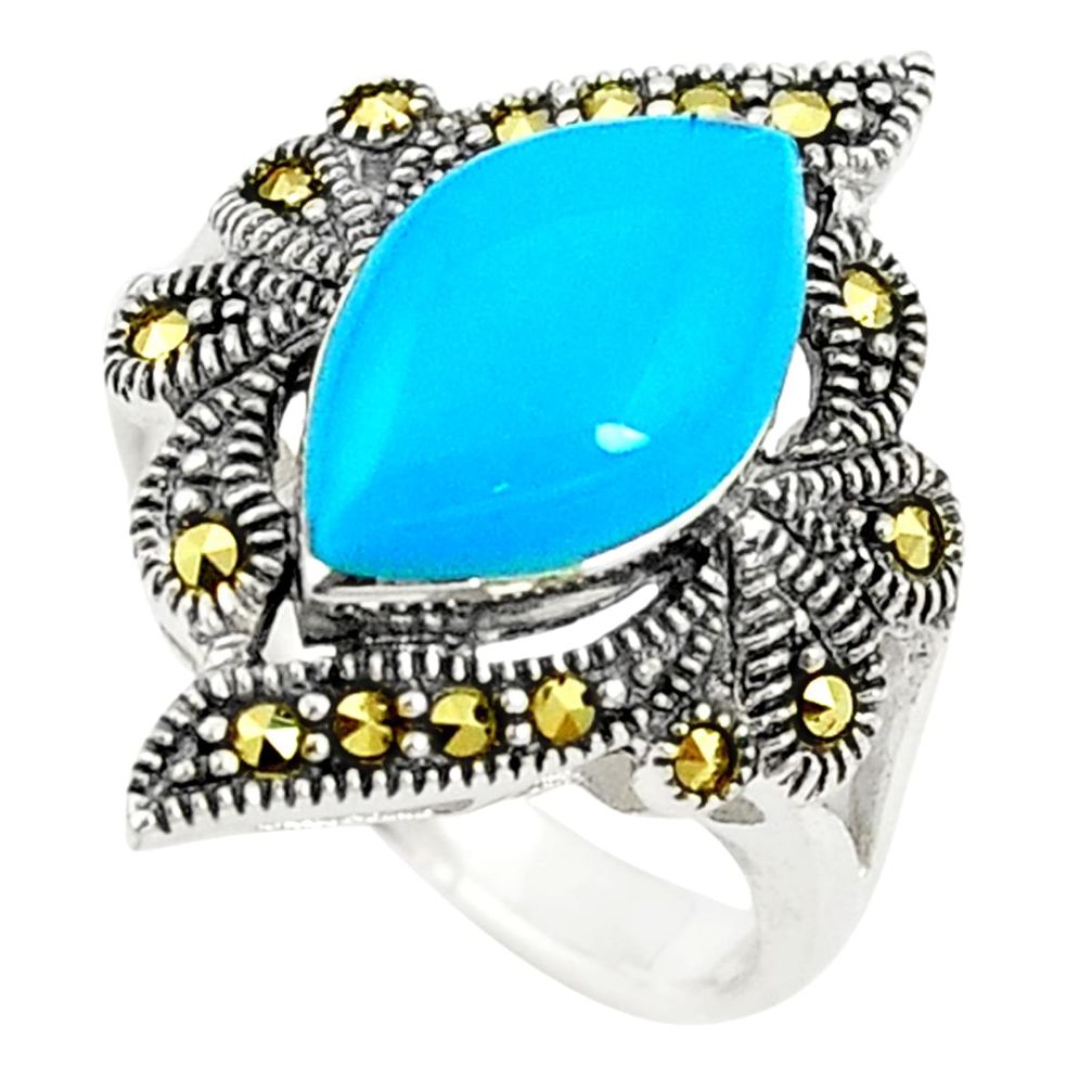 Blue sleeping beauty turquoise marcasite 925 silver ring size 6.5 c17241